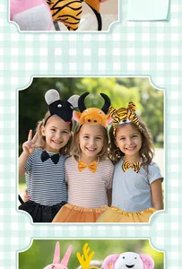 Detail view of plush animal ear headbands and matching bow ties for children costumes
