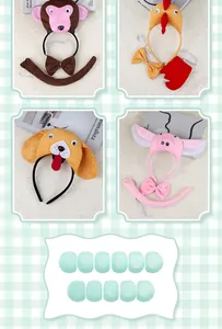 Detailed plush animal headband set featuring monkey, chicken, dog and pig with bowties