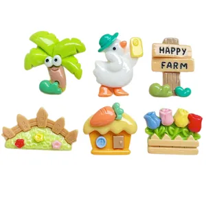 6pcs DIY cartoon farm resin accessories including duck, house, tree, and fence
