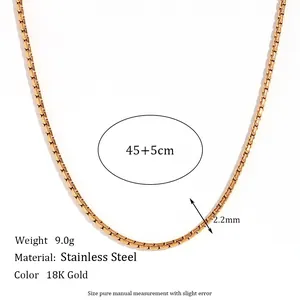 18K gold-plated stainless steel box chain necklace featuring 45+5cm length and 2.2mm width