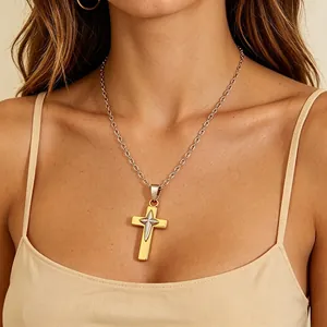 Vintage Cross Pendant Necklace 18K Gold Plated Stainless Steel Two Tone Starburst Detail Trendy Hip Hop Jewelry For Women Men