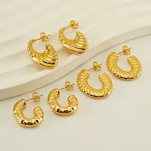 Vintage Hammered C Shape Hoop Earrings 18K Gold Plated Stainless Steel Honeycomb Textured Croissant Women Jewelry