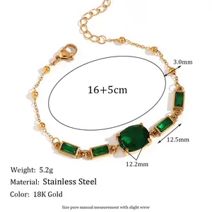 Bracelet en acier inoxydable plaqué or 18 carats avec pierres vertes ovales et carrées
