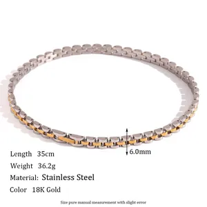 18K gold plated stainless steel watch-style chain choker necklace, 6mm wide, 35cm length