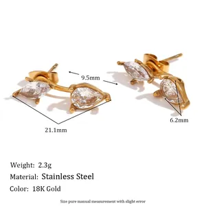 Minimalist 18K gold plated stainless steel stud earrings with drop and marquise zirconia