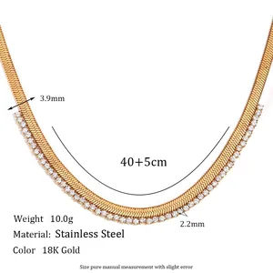 18K gold plated stainless steel snake chain necklace with micro-pave zirconia fishbone links