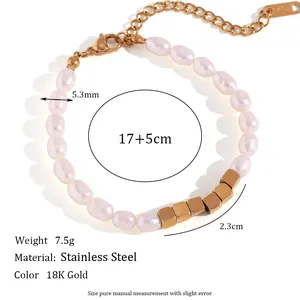 Stainless steel square bead and freshwater pearl bracelet set in 18K gold finish