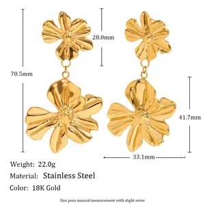 Vintage style 18K gold plated stainless steel double flower dangle earrings for women