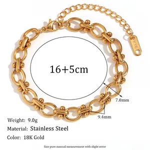 Bracelet chaîne ovale en acier inoxydable plaqué or 18K avec accents de billes métalliques
