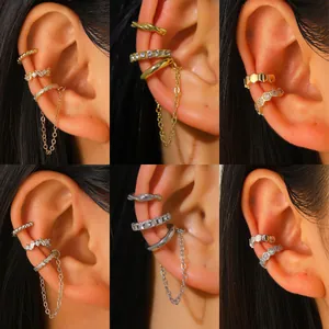 Pendientes de Cartílago de Cobre con Diamantes de Imitación Minimalistas Chapados en Oro Plata Cadena Panal Sin Agujero Mujer Joyería