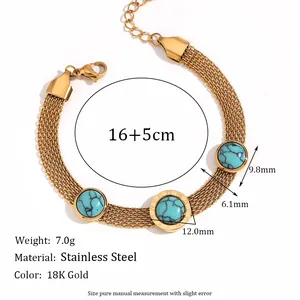 18K gold plated stainless steel mesh chain bracelet with turquoise and roman numerals