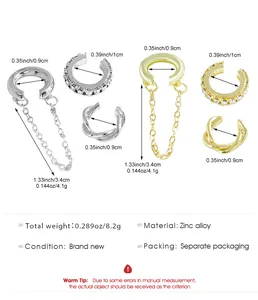 Detailed size chart of various gold and silver zinc alloy ear cuffs and chain earrings