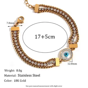 Three-layer 18K gold-plated stainless steel evil eye bracelet with cubic zirconia