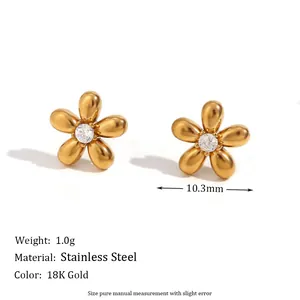 18K gold plated stainless steel flower stud earrings with a white zircon center