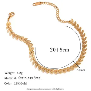 18K gold plated stainless steel leaf chain bracelet with adjustable lobster clasp