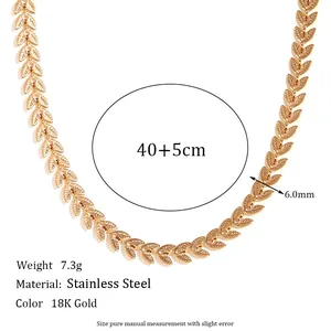 Detailed macro view of 18K gold plated stainless steel leaf chain necklace with dimensions
