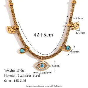 18K gold plated stainless steel mesh chain necklace with turquoise evil eye charms