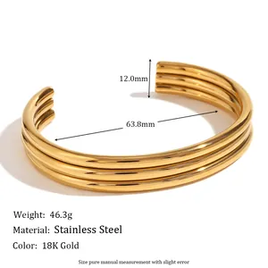 Elegant 18K gold-plated stainless steel triple-layer open cuff bracelet for women
