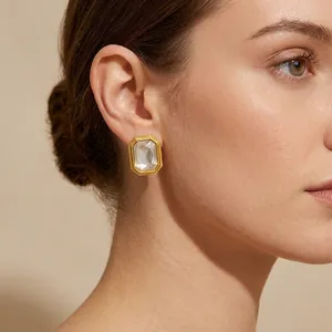 Octagonal Zirconia Stud Earrings 18K Gold Plated Stainless Steel Geometric Rectangular Retro Luxury Jewelry For Women