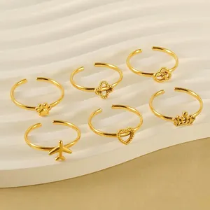 Adjustable Open Rings For Women 18K Gold Plated Stainless Steel Minimalist Heart Cat Claw Crown Charm Jewelry