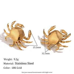 Minimalist crab stud earrings in 18K gold plated stainless steel with high polish finish