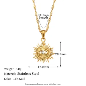 Detailed size map of 18K gold evil eye pendant necklace with technical measurements