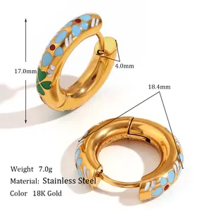 18K gold plated stainless steel hoop earrings with colorful enamel flower patterns