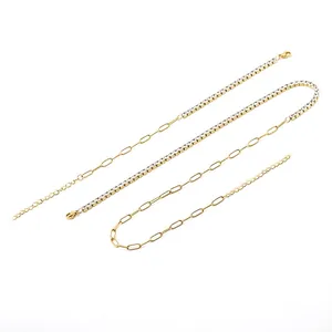 Spliced Paperclip And Tennis Chain Necklace Bracelet 18K Gold Plated Stainless Steel Cubic Zirconia Inlaid Jewelry