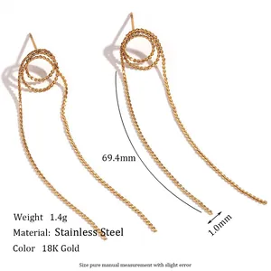 18K gold plated stainless steel long tassel earrings with twisted snake chain and double ring
