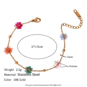 Colorful beaded flower bracelet in stainless steel with 18K gold finish and adjustable chain