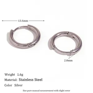 Classic 13.6mm stainless steel hoop earrings with silver finish and latch closure