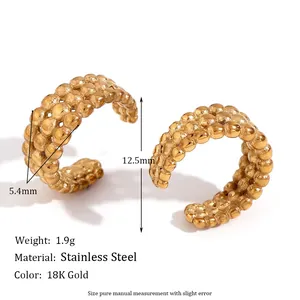Boucles d'oreilles ear cuff en C à trois rangées perlées en acier doré à l'or 18 carats