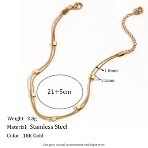 Double-layered 18K gold plated stainless steel snake chain anklet with cubic beads