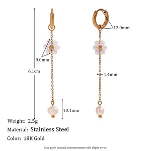 18K gold plated stainless steel hoop earrings with white pearl flower drop charms