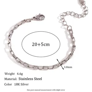 Minimalist 18K silver stainless steel box chain bracelet with lobster clasp and extender