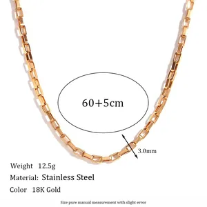 Detailed view of 3mm 18K gold-plated stainless steel box chain necklace with lobster clasp