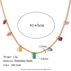 Close-up of 18K gold plated stainless steel necklace with multi-color zircon stones