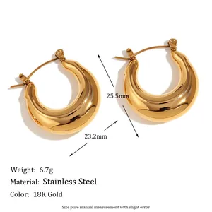 Polished 18K gold-plated stainless steel thick U-shaped hoop earrings for women
