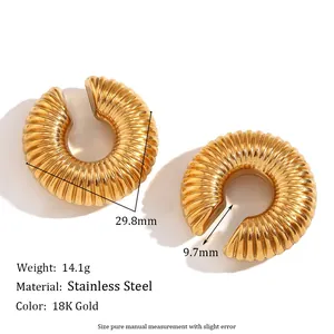 Polished 18K gold plated stainless steel textured hoop earrings with dimensions and weight