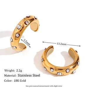 18K gold plated stainless steel C-shaped ear cuffs with sparkling crystals for women