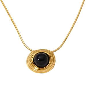 Elegant 316 stainless steel gold snake chain necklace with black onyx lava pendant