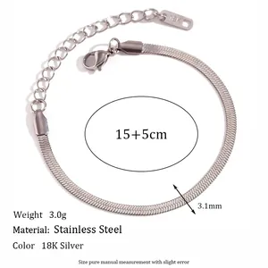 Flat silver stainless steel snake chain bracelet with adjustable lobster clasp and tag