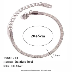 Flat snake chain bracelet in silver stainless steel, width 3.1mm with extension chain