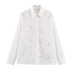 Elegant white long sleeve shirt for women featuring delicate lace cutout and floral embroidery