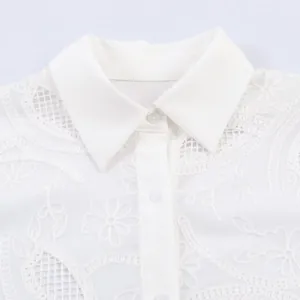 White lace embroidered blouse with elegant lapel collar and hollow-out floral patterns