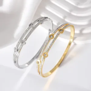 Luxury Double Layer Stainless Steel Bangle For Women Titanium Steel Zirconia Inlaid Gold Silver Bracelet Elegant Jewelry