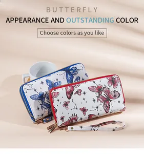 Elegant long wallets with butterfly prints, dual zippers and detachable wrist straps