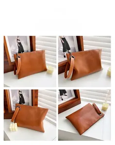 Detailed four-view shot of a brown textured leather clutch bag with a sturdy wrist strap