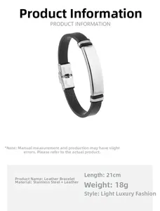 Dettaglio bracciale in pelle nera da 21 cm con placca in acciaio e dimensioni