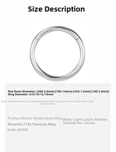 Size chart for F136 titanium seamless nose ring with various gauge and diameter specs